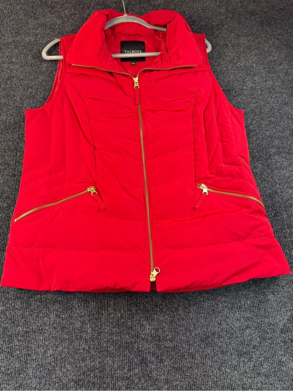 Talbots Bright Red Quilted Puffer Vest with Gold Zippers